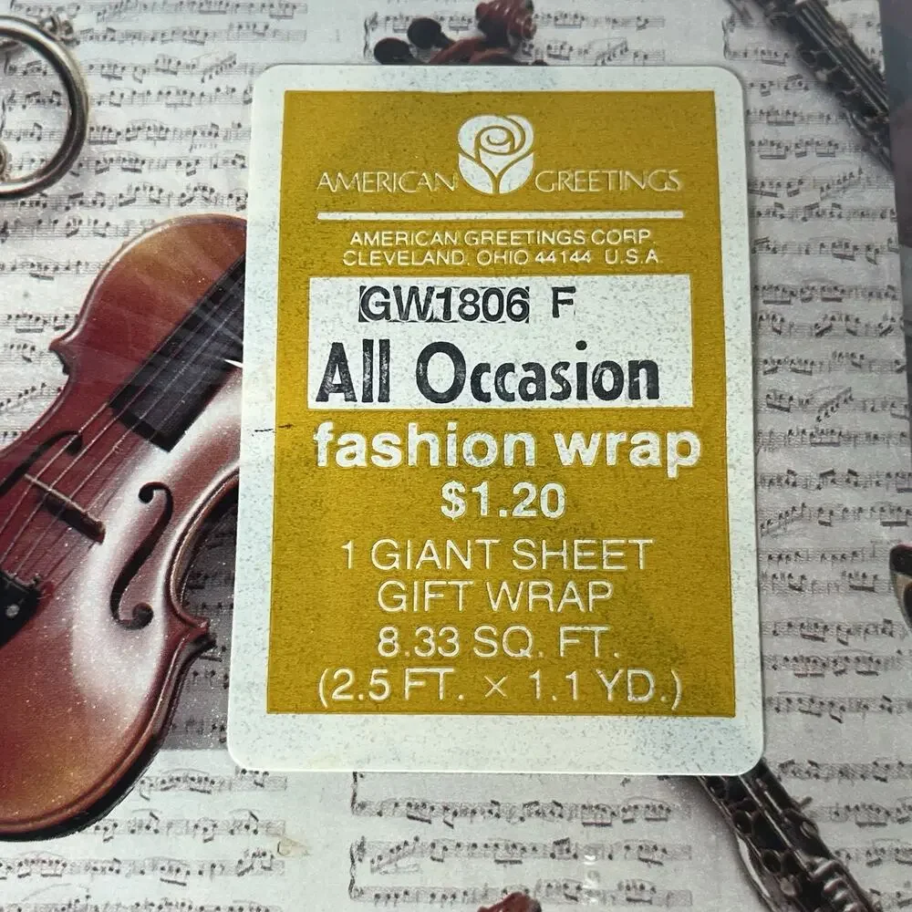 3 NOS Vintage American Greetings Music Gift Wrap Violin Trumpet Instruments